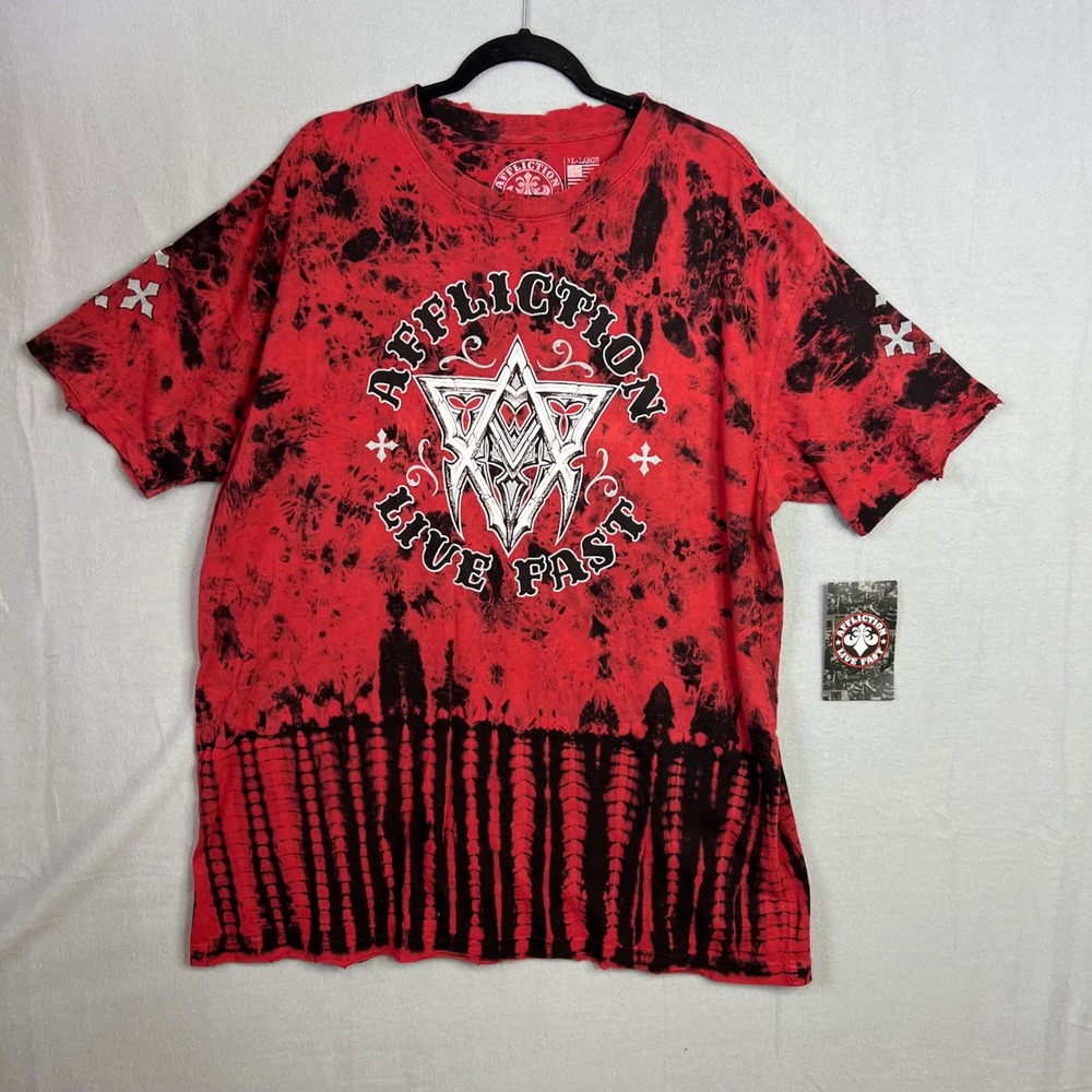 Affliction T-Shirt Mens Sz 3XL Red Black Live‎ Fast Tie Dye Distress Graphic NWT
